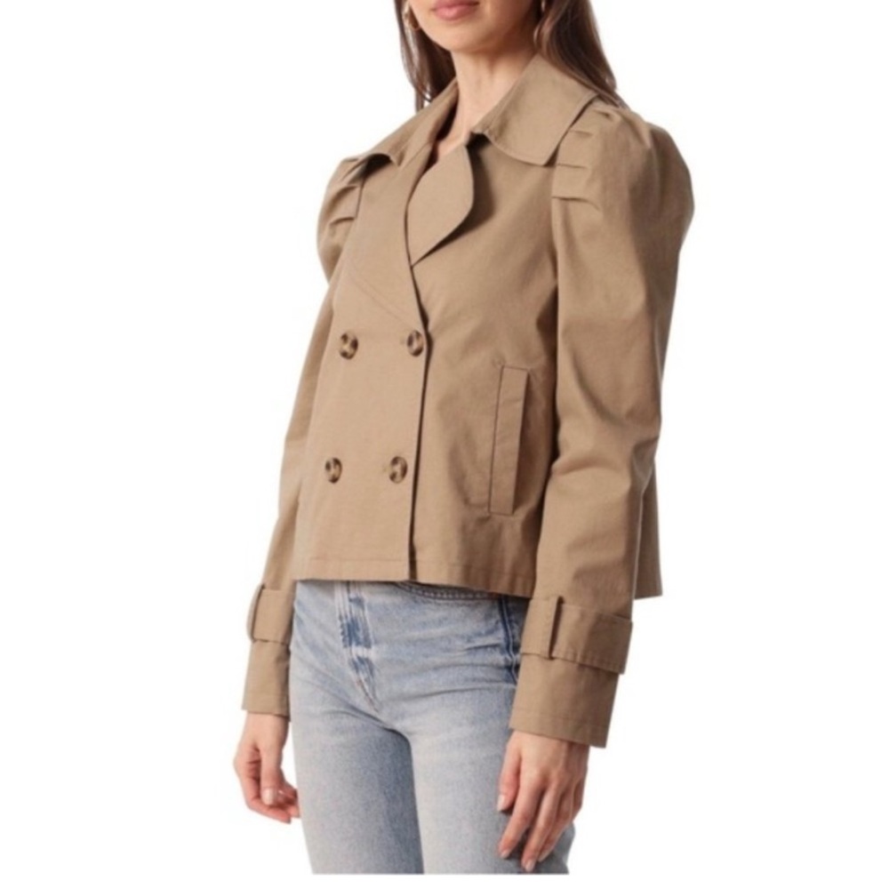 Avec Les Filles Cropped Puff Sleeve Trench Coat Tan Double Breasted XL NWT - Picture 2 of 15